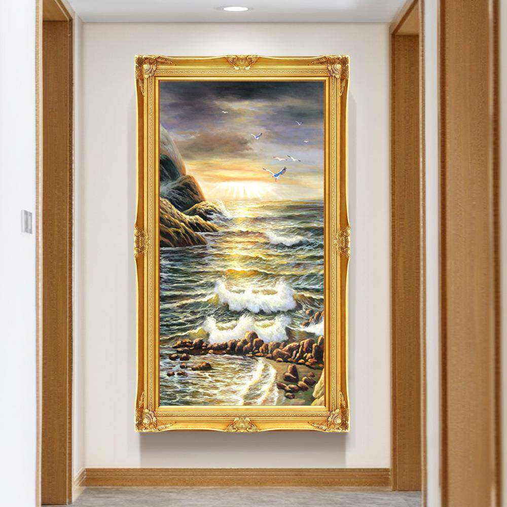 玄关装饰画风景油画欧式挂画走廊壁画过道竖版画简欧玄幻画大海