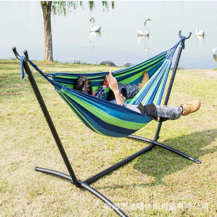 户外休闲吊床野营便携小羊角单人支架吊床棉绳户外用品防侧翻