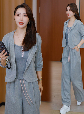 秋季新款时尚套装女宽松显瘦连帽棒球服外套+打底衫+阔腿裤三件套