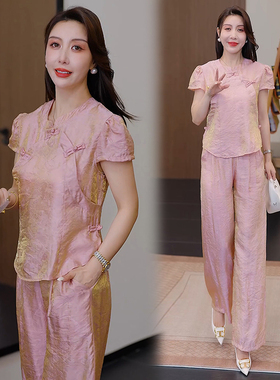 班芙妮夏季新款时尚洋气中式透气舒适清凉显瘦套装遮肉减龄两件套