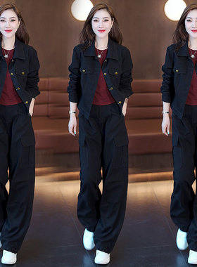 时尚黑色套装女秋冬新款复古短款外套洋气质垂感休闲阔腿裤两件套