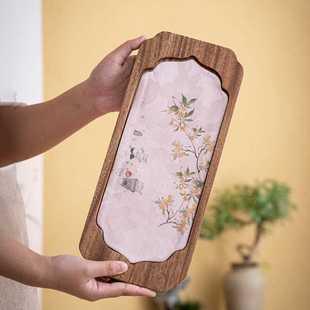 干泡茶台实木家用轻奢小型茶盘桂花布艺茶 胡桃木茶巾干泡盘新中式