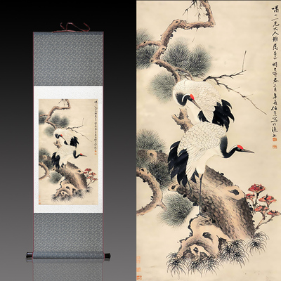 松鹤延年双鹤图丝绸画挂画卷轴画家居装饰客厅玄关装饰已装裱新品