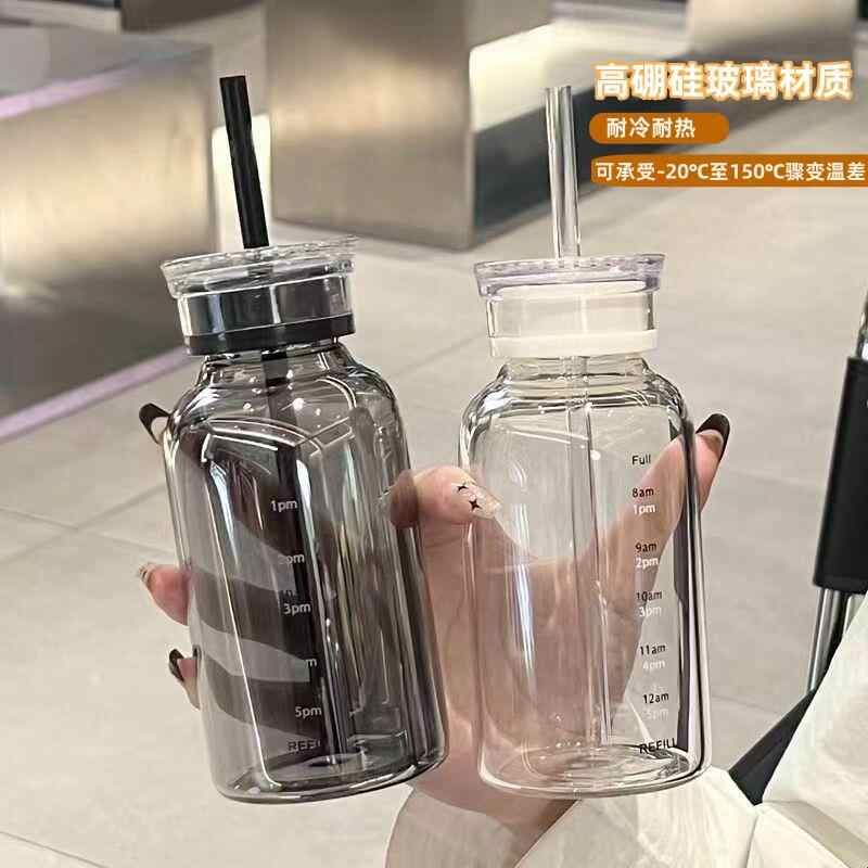 高硼硅玻璃杯带刻度便携吸管大容量牛奶杯加厚耐高温带盖夏季杯子图片