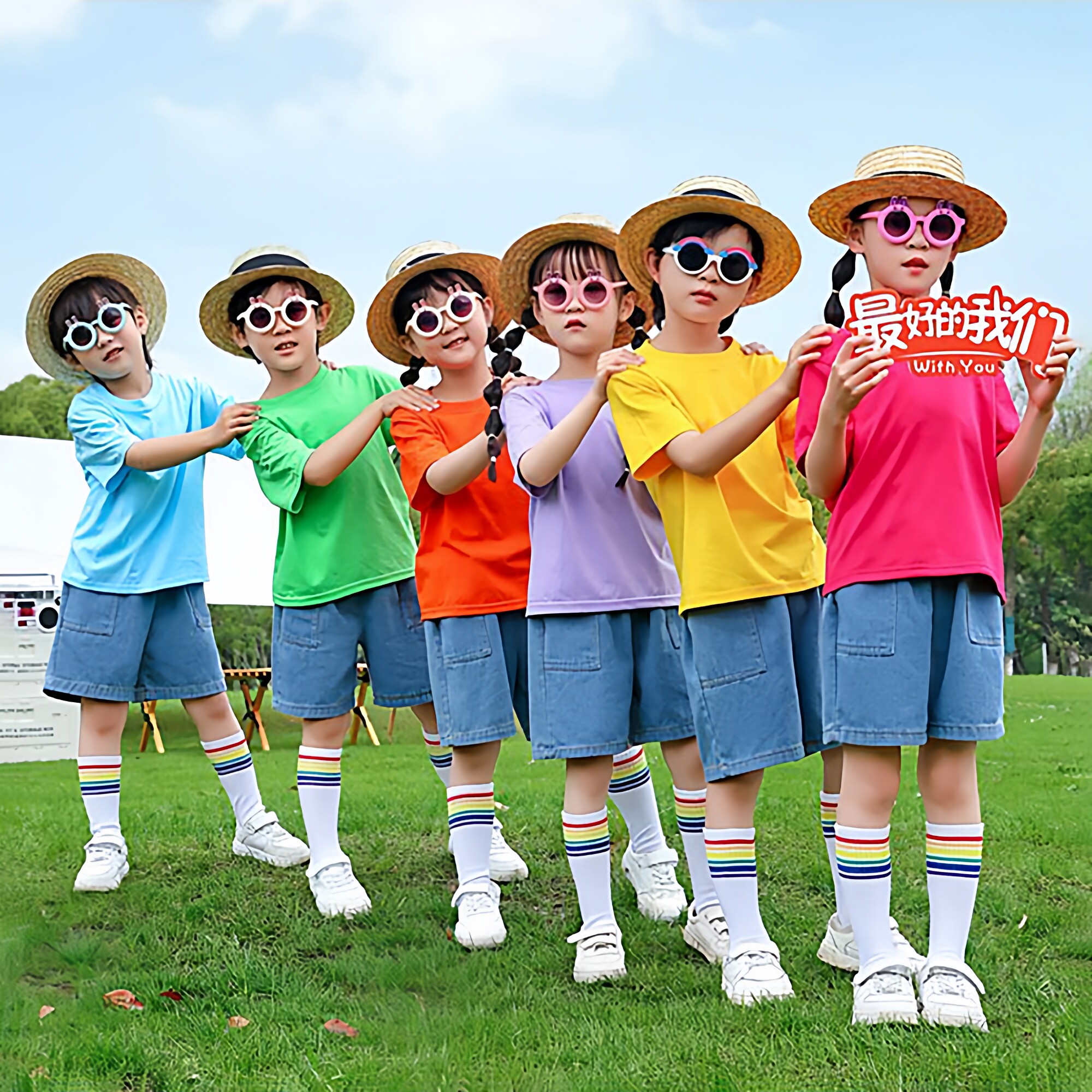 六一儿童啦啦队表演服装糖果色毕业照短袖T恤幼儿园小学生演出服