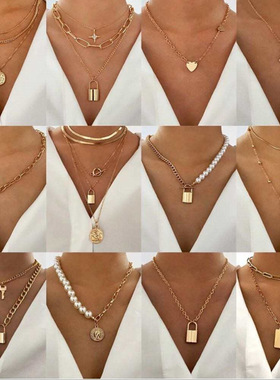 2021SHOPEE珍珠锁欧美风创意简约时尚气质女士首饰 几何链条项链