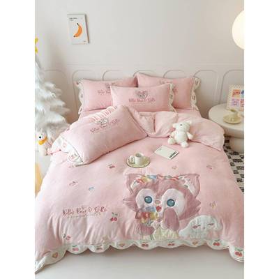 公主风冬季儿童加厚牛奶绒四件套卡通双面珊瑚加绒三件套床上用品