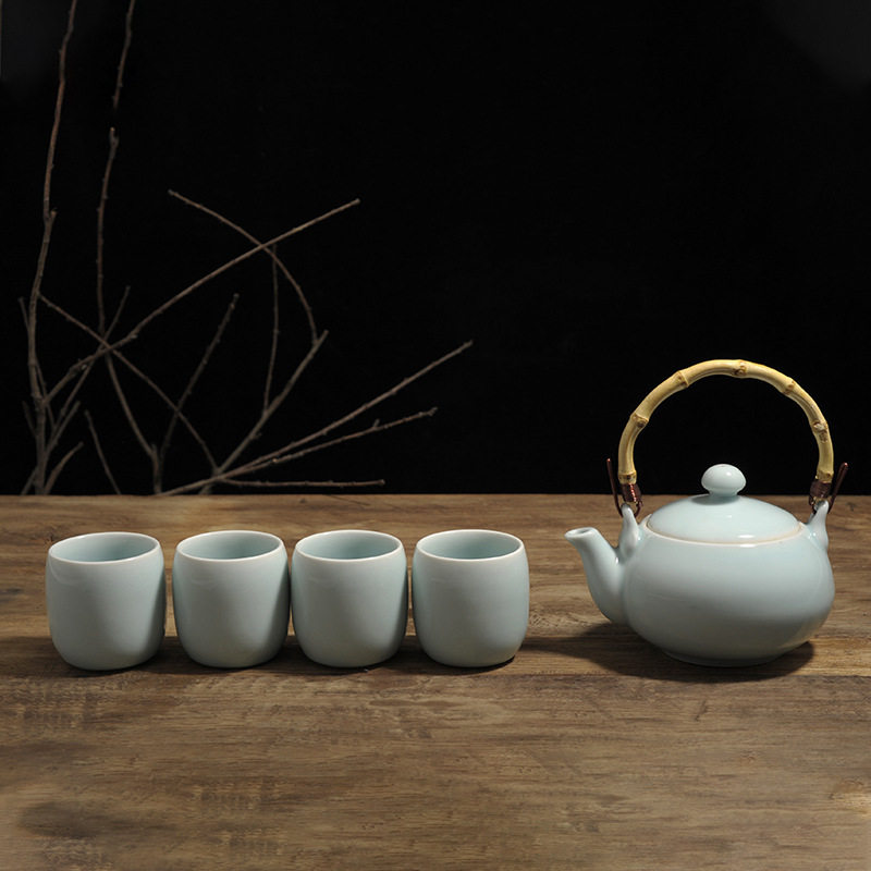 龙泉青瓷哥窑弟窑5头鼓型提梁壶凉茶壶功夫茶具陶瓷器礼品套装