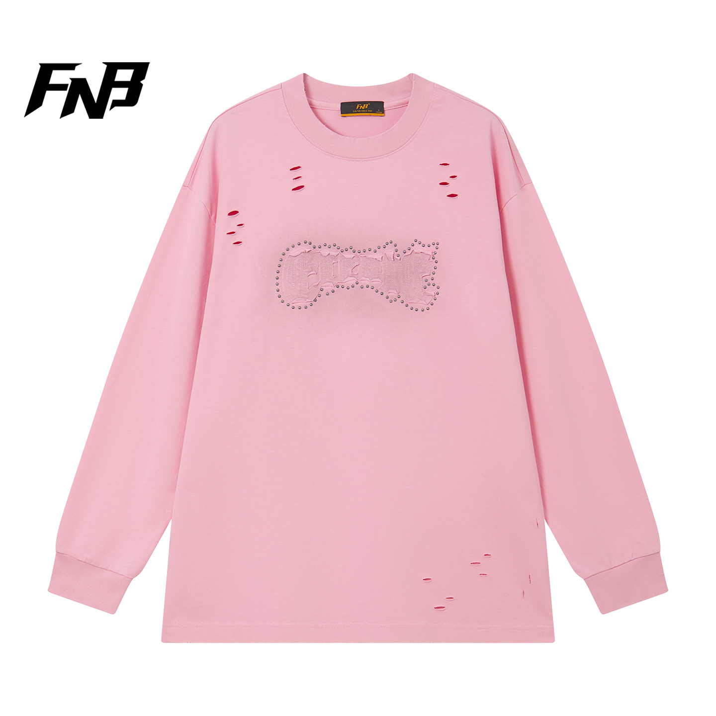 FNB美式高街简约运动风圆领长袖卫衣女破洞做旧宽松情侣装上衣