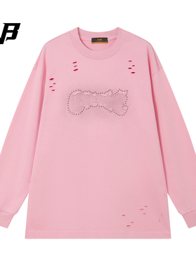 FNB美式高街简约运动风圆领长袖卫衣女破洞做旧宽松情侣装上衣