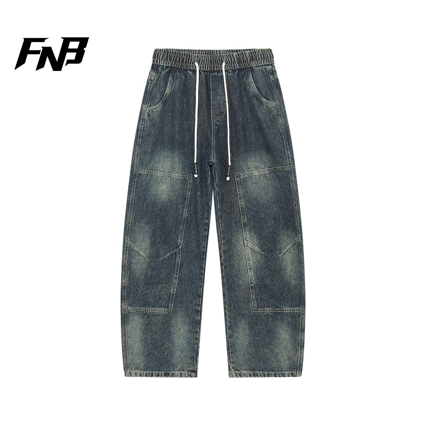 FNB美式复古风水洗牛仔裤秋季男女宽松直筒阔腿裤抽绳时尚长裤潮