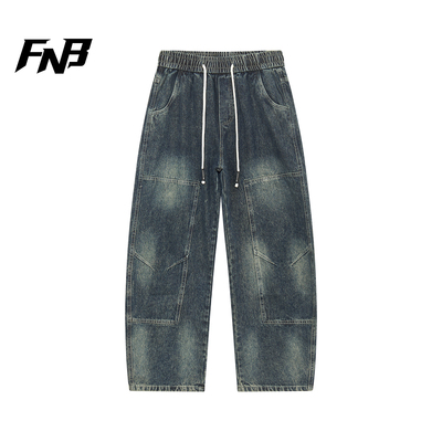 FNB美式复古风水洗牛仔裤秋季男女宽松直筒阔腿裤抽绳时尚长裤潮