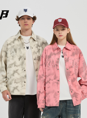 fnb牛仔衬衫美式外套男女秋款翻领贴布绣夹克青年宽松圆底摆上衣