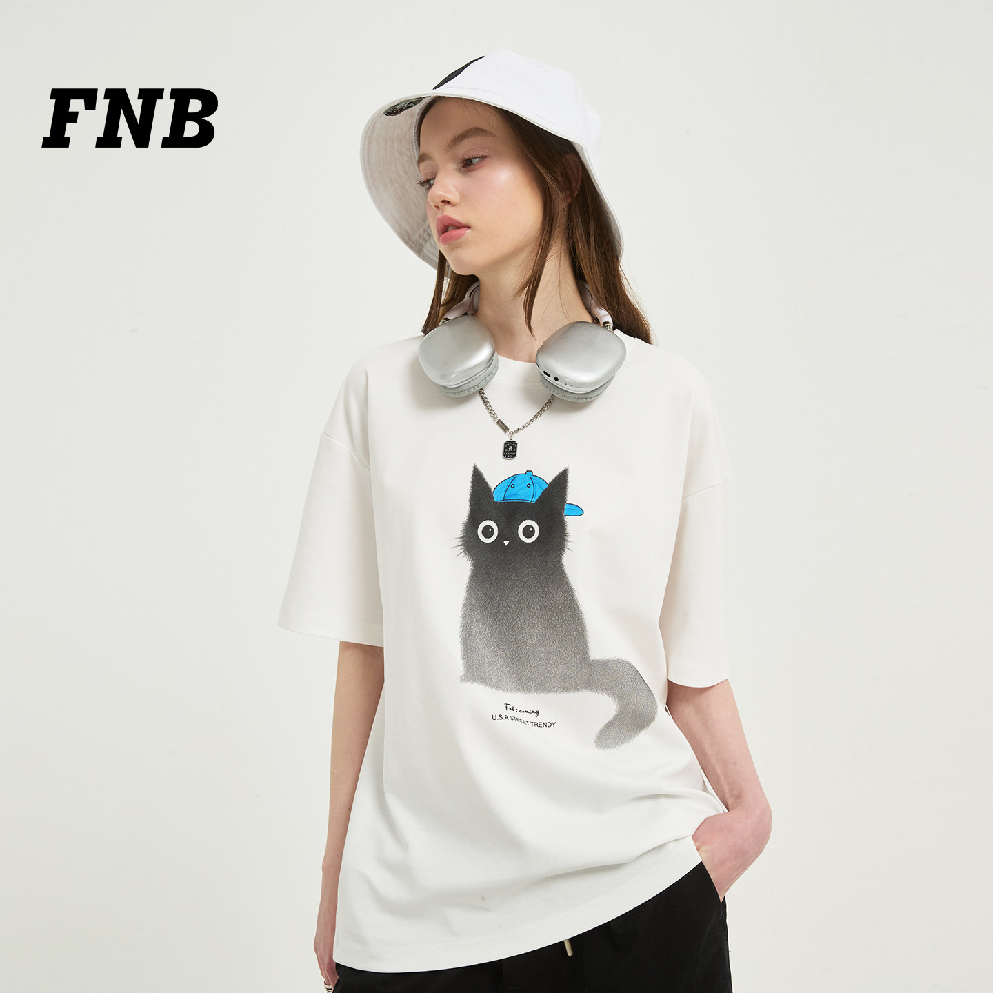 FNB2026年新款美式卡通小猫印花短袖T恤男女宽松潮牌休闲白色上衣