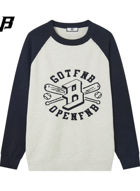 休闲慵懒风撞色插肩袖字母印花毛衣男女宽松针织衫秋FNB美式潮牌