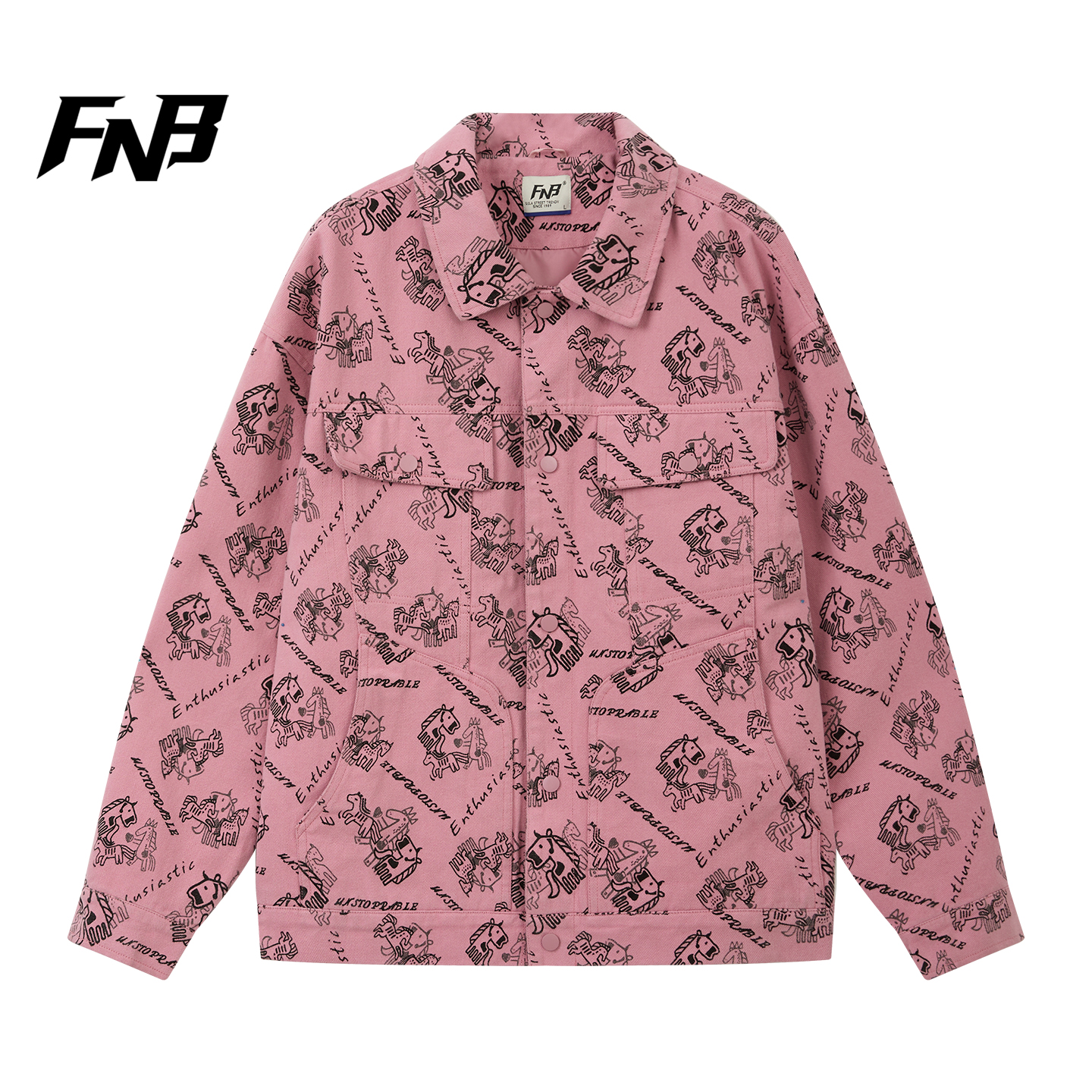 FNB美式潮牌卡通植绒印花牛仔外套男女情侣宽松嘻哈痞帅衬衫夹克