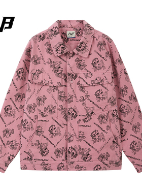 FNB美式潮牌卡通植绒印花牛仔外套男女情侣宽松嘻哈秋冬衬衫夹克