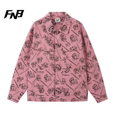 FNB美式潮牌卡通植绒印花牛仔外套男女情侣宽松嘻哈秋冬衬衫夹克