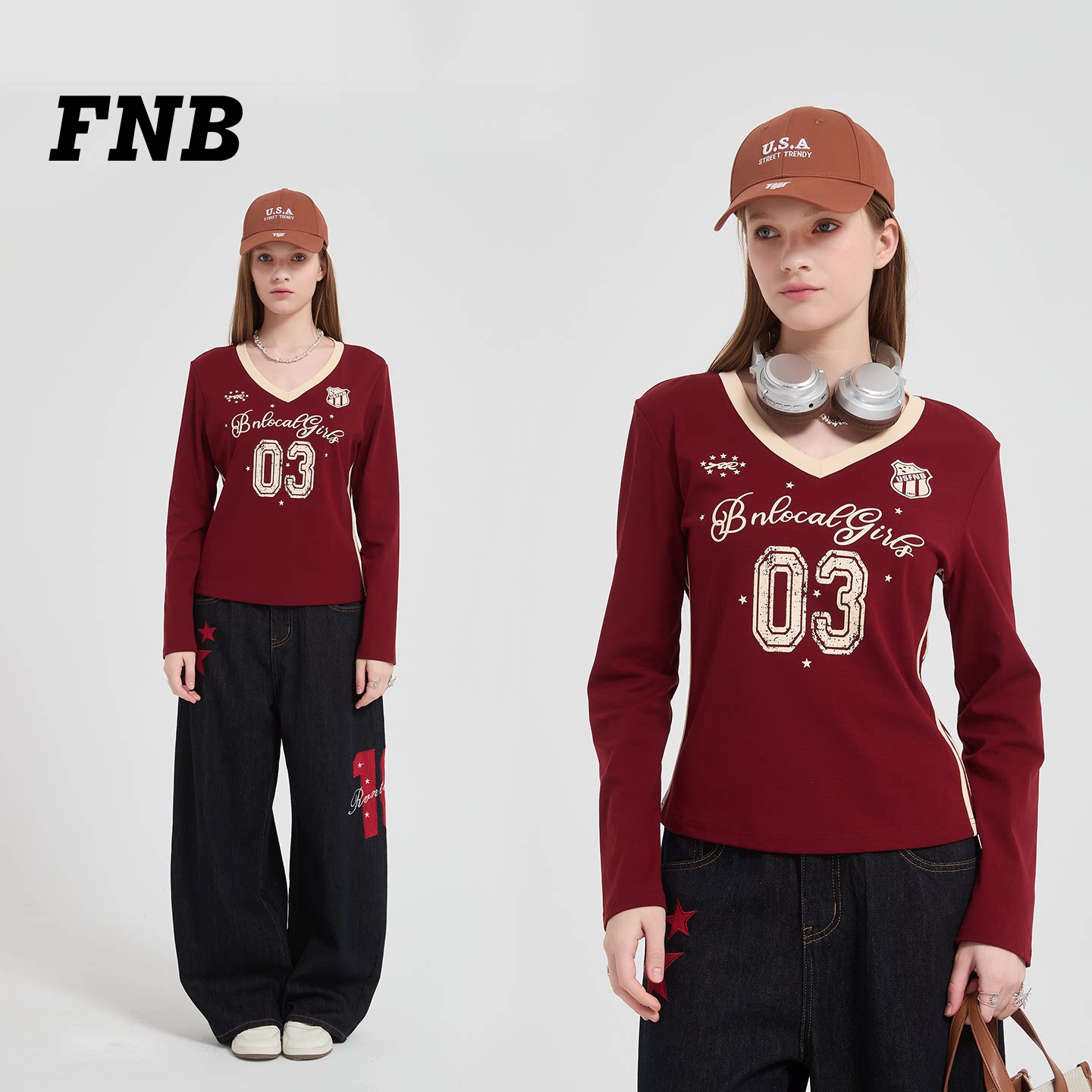 美国FNB辣妹风数字印花长袖T恤女修身显瘦26秋季新款美式复古上衣