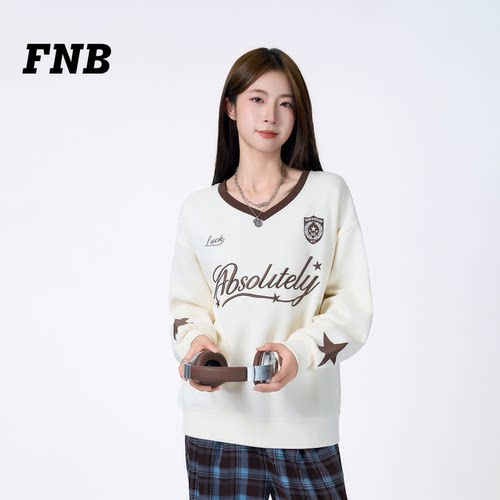 美国FNB学院字母撞色V领卫衣女