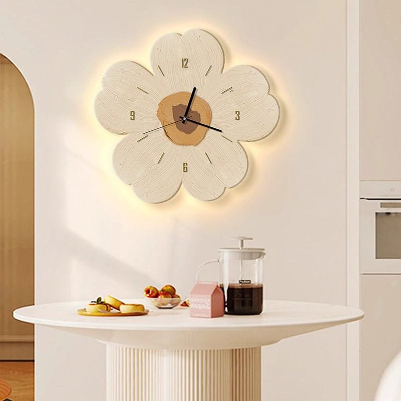 花朵钟表挂钟餐厅装饰画奶油风创意时钟led发光壁灯高级感墙壁画
