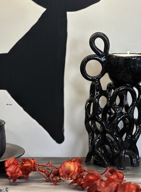 日式中古侘寂风小众手工泥条几何烛台陶瓷样板房间桌面摆件书房