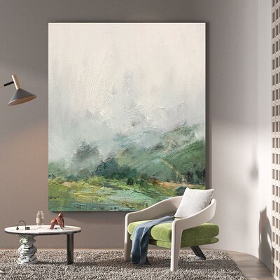 迷雾山景手绘油画绿色风景装饰画客厅挂画抽象青绿山水玄关肌理画