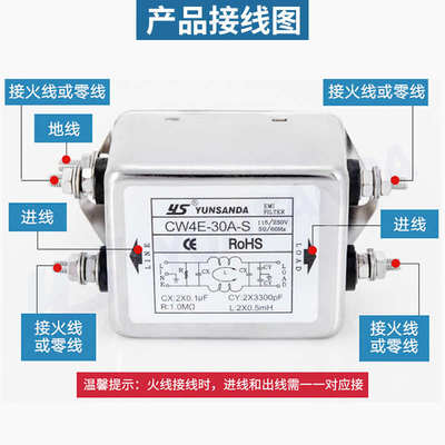 YUNSANDA低通电源滤波器220v单相交流emi滤波器CW4E-10A-S20A 30A