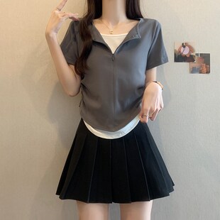 大码 女t恤夏2025新款 胖Pmm显瘦褶皱收腰短 假两件v领正肩短袖 新品