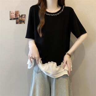 大码 t恤女夏季 H胖mm宽松显瘦遮肚子荷叶边 设计感别致正肩短袖 新品