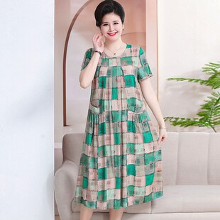 中老年女装 宽松胖妈妈装 夏装 加肥大V码 棉绸连衣裙200斤中长款 新品