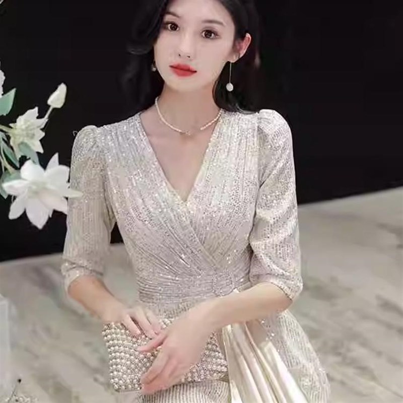 速发黑色晚礼服女高级感亮片宴会合唱团长裙主持高端轻奢小众2025