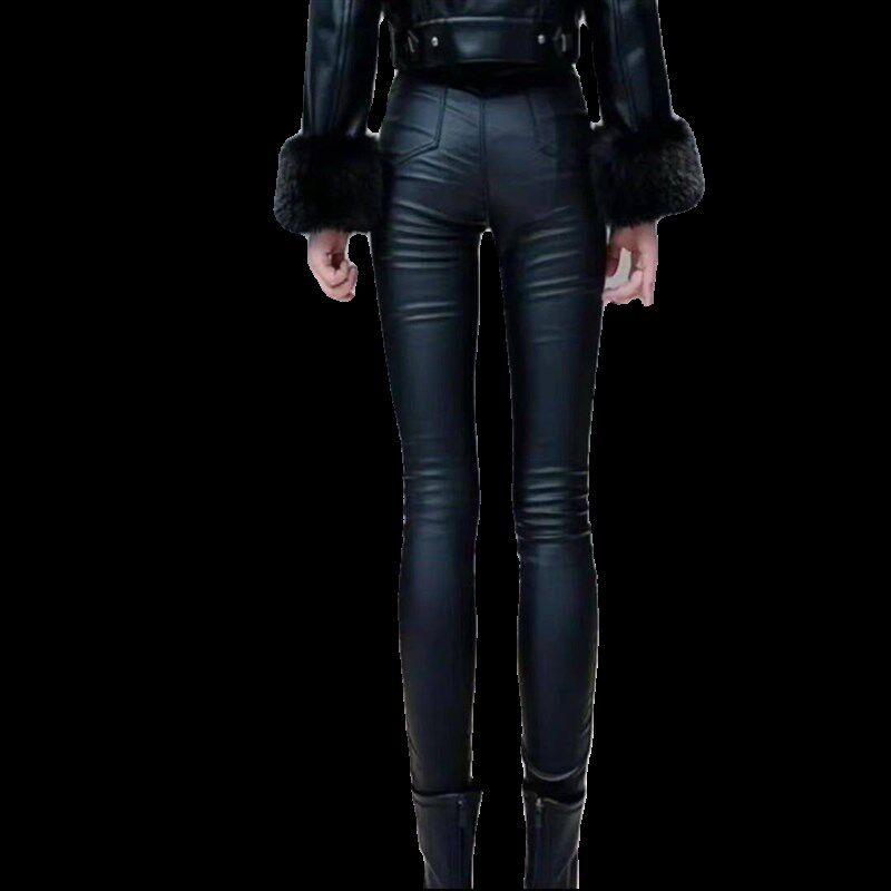 2024年冬季新款加绒保暖高腰双腰钻皮裤女显瘦时尚洋气PU皮小脚裤