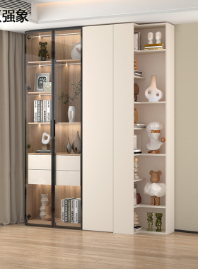 轻奢防尘书柜带玻璃门书架定制书柜一体整墙客厅收纳柜展示柜F59