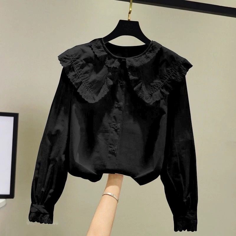 薄款/加绒秋冬季新款长袖衬衫女宽松上衣娃娃领加绒保暖打底衬衣