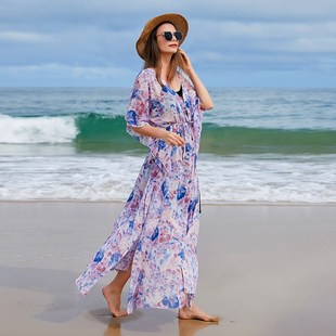 波西米亚海边度假大码 沙滩裙两件套V领雪纺连衣裙开叉女士长裙