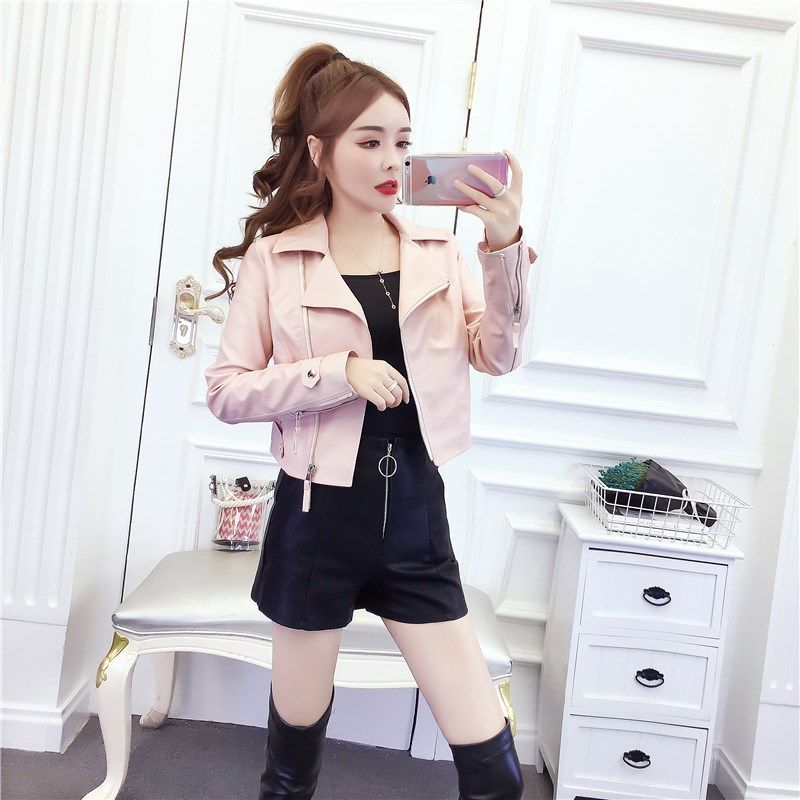 150 155小个子秋pu皮外套搭配皮裤+吊带背心洋气女神范三件套装XS