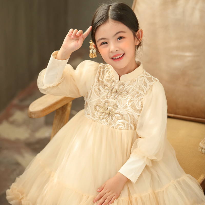 女童改良版中国风2023秋季中大童古风亮丝编织儿童仙气礼服旗袍裙