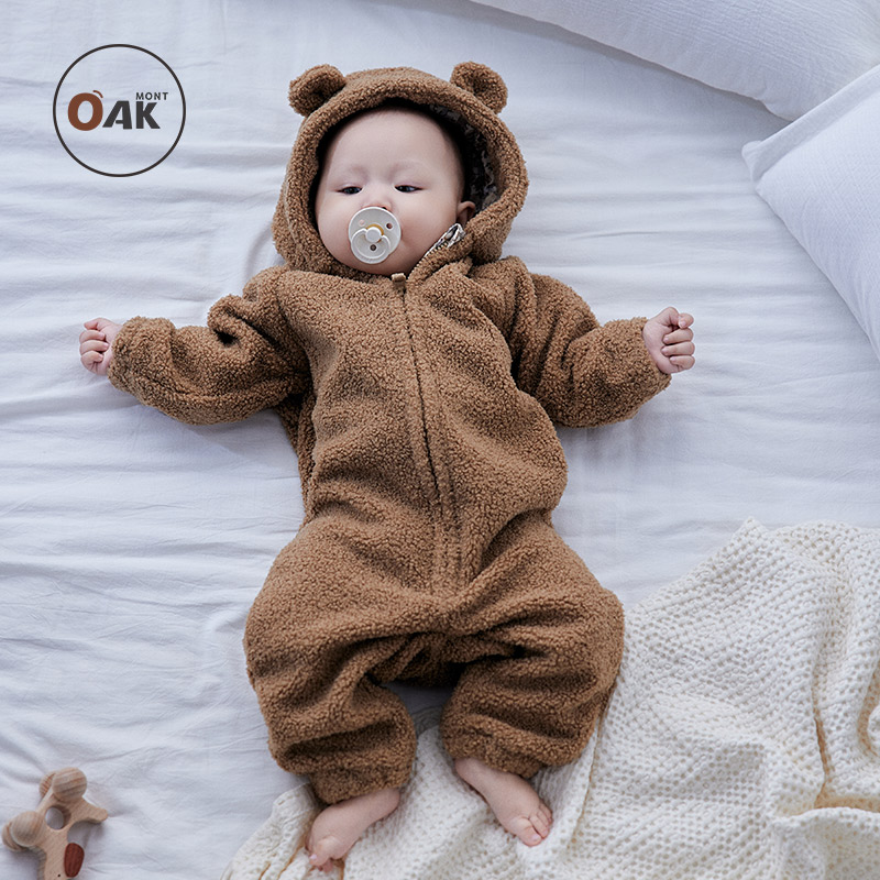 Oak mont新生儿羊羔绒连体衣婴儿冬季保暖爬服新生儿宝宝外出棉服