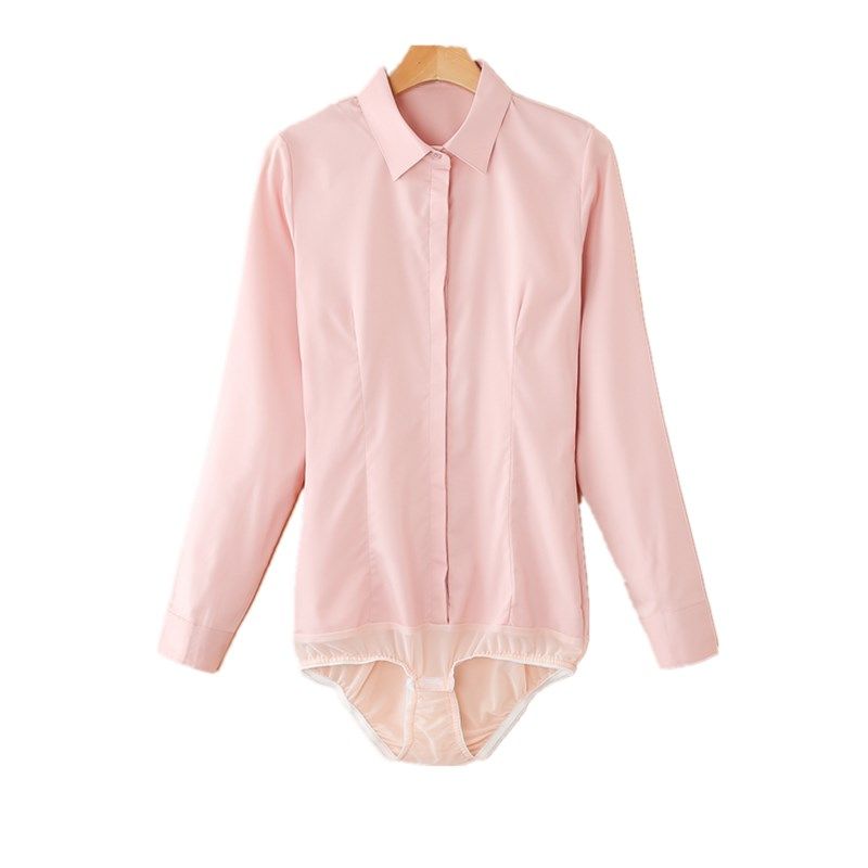 果粉色高端长袖连体衬衫女职业工作装连裤衬衣修身显瘦弹力大码