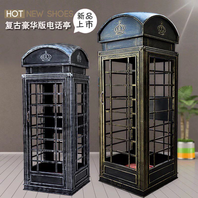 新款铁艺英伦复古怀旧电话亭摆件 酒吧装饰品道具 创意书柜储物柜