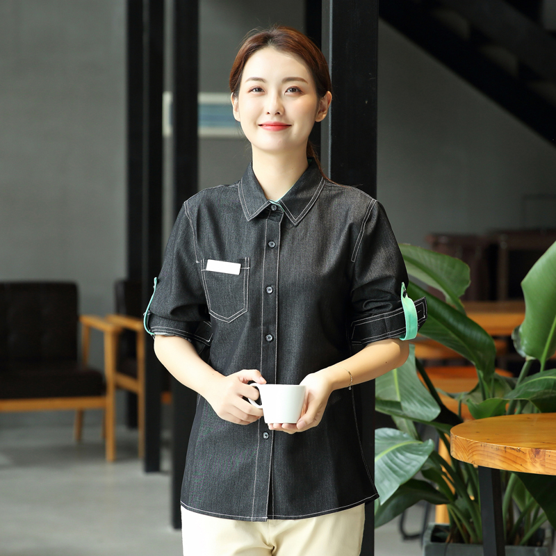 酒店服务员工作服长袖女西快餐饮火锅咖啡厅牛仔衬衣工作服秋季女