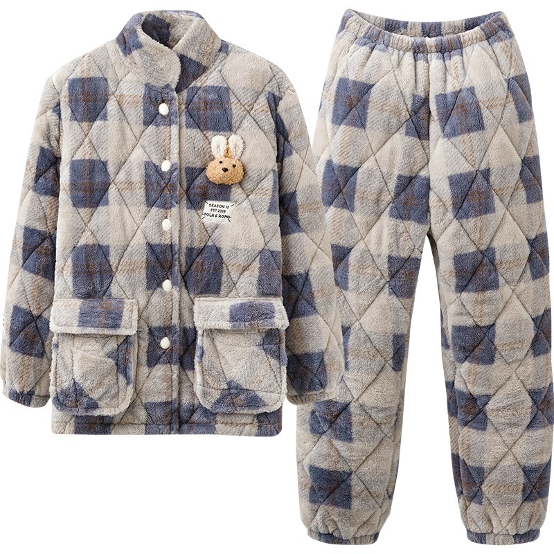 马克公主情侣睡衣冬款三层夹棉女珊瑚绒加厚家居服湖南省服男套装