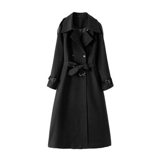 高级感大码女装黑色风衣西装外套胖mm新款秋冬季长款过膝气质大衣
