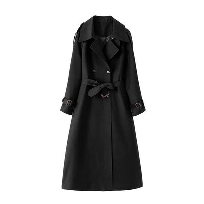 高级感大码女装黑色风衣西装外套胖mm新款秋冬季长款过膝气质大衣