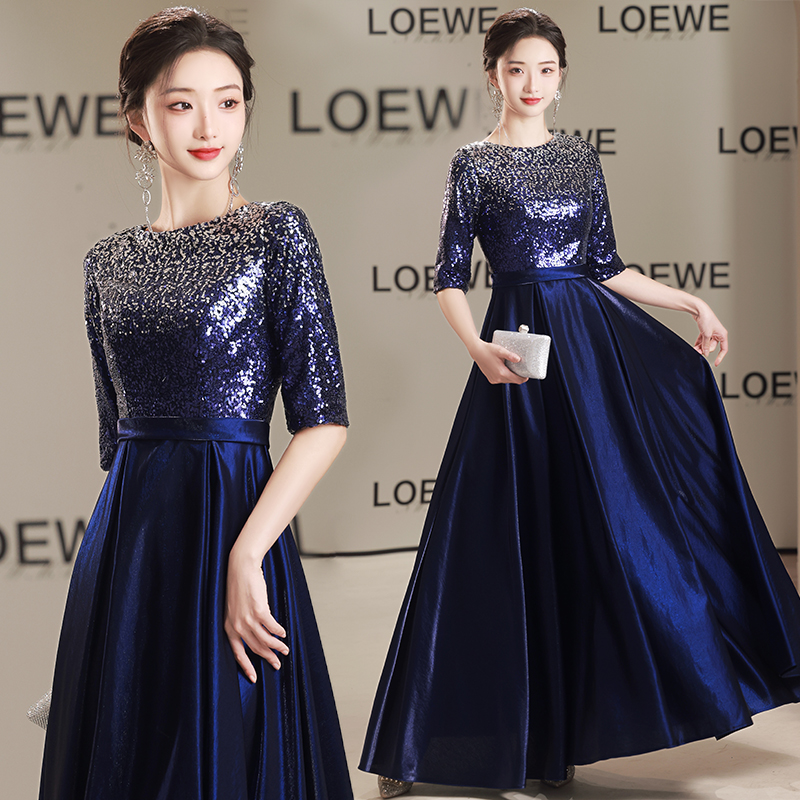 大合唱团演出服女长裙宝蓝色晚礼服朗诵独唱礼仪走秀舞台表演服装