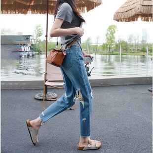 前后破洞宽松显瘦老爹乞丐裤 新款 女夏季 冰肤柔超薄高腰哈伦牛仔裤