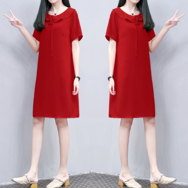 2021夏季新款女装时尚翻领大红色裙子休闲中长款宽松显瘦连衣裙女