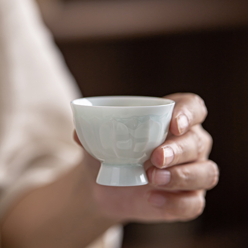影青高脚茶杯个人主人杯家用茶桌小杯子带杯垫高档功夫茶具品茗杯
