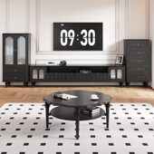 法式 复古实木圆形茶几中古风电视柜茶几组合家用客厅黑色矮柜新款